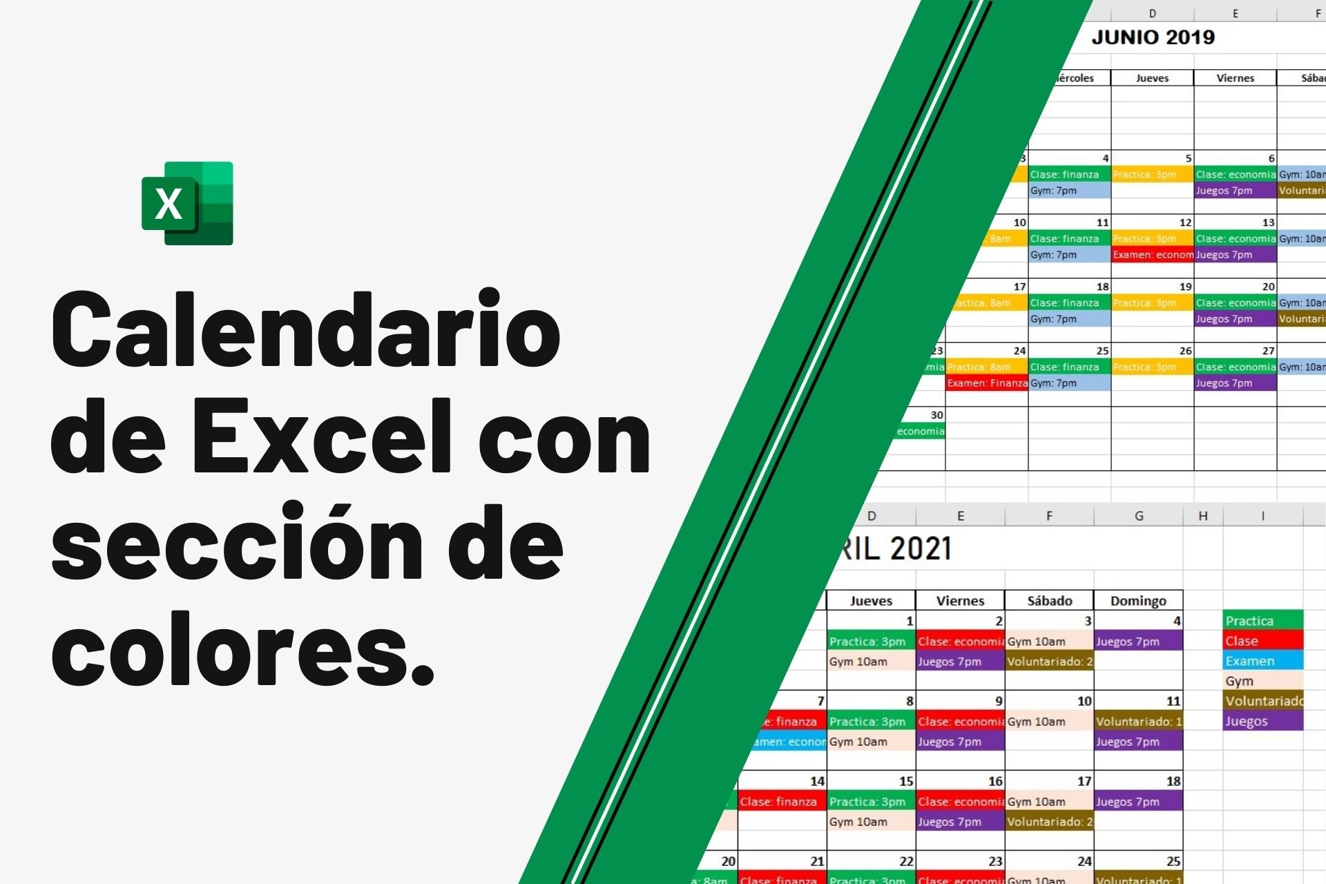 Calendario de Excel con sección de colores.
