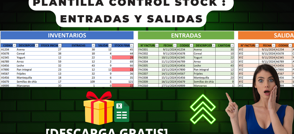 Sistema de control de stock básico en Excel con tablas de inventario, entradas y salidas