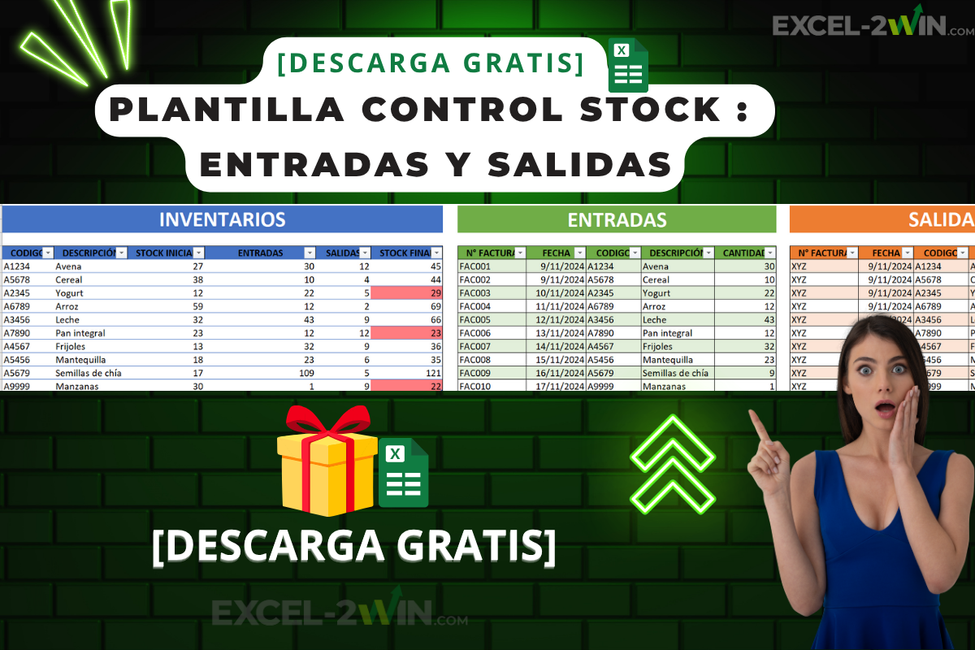 Sistema de control de stock básico en Excel con tablas de inventario, entradas y salidas