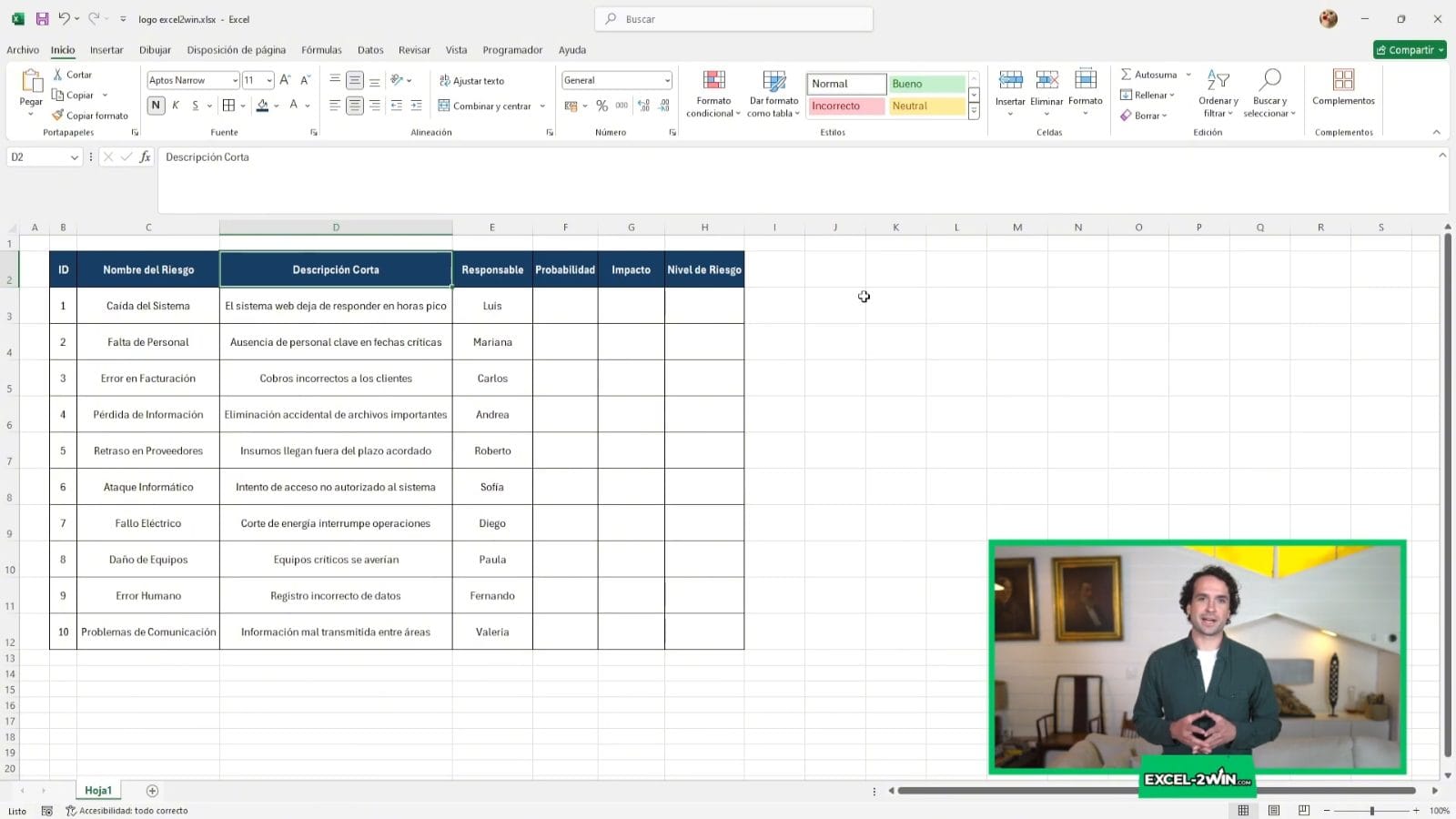 Tabla de registro de riesgos en Excel con las columnas de probabilidad e impacto vacías