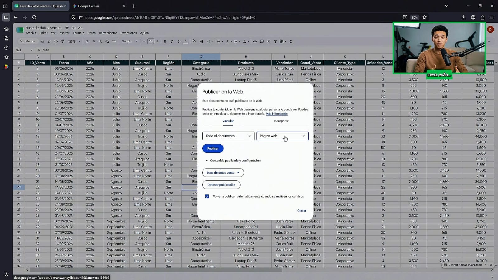 Diálogo Publicar en la web de Google Sheets con la opción de valores separados por comas seleccionada