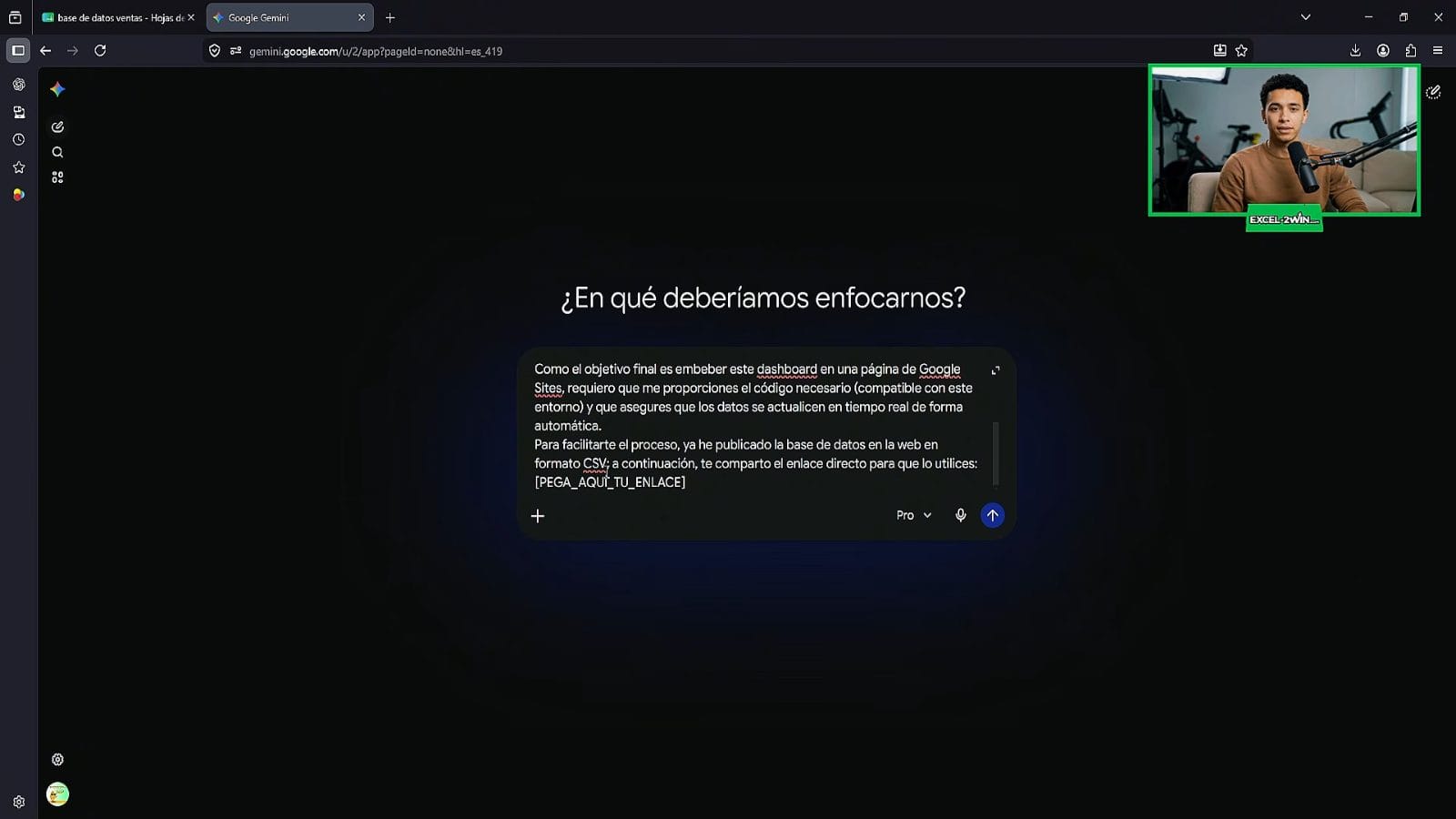 El prompt escrito en Gemini con el enlace CSV de la hoja de ventas pegado al final