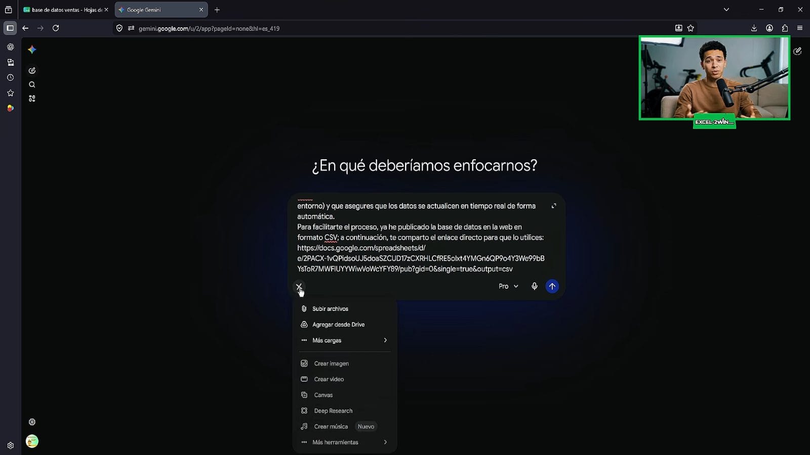 Menú del botón más en Gemini con la opción Canvas señalada antes de enviar el prompt