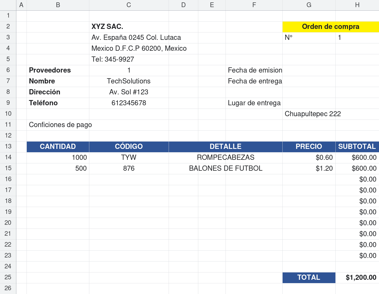 Formato de orden de compra en Excel: plantilla completa con datos del proveedor, detalle de productos y total