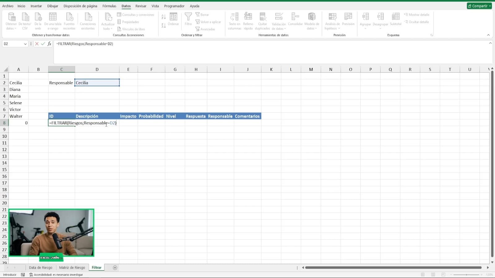 Columna de nivel de riesgo calculada con formato condicional en Excel