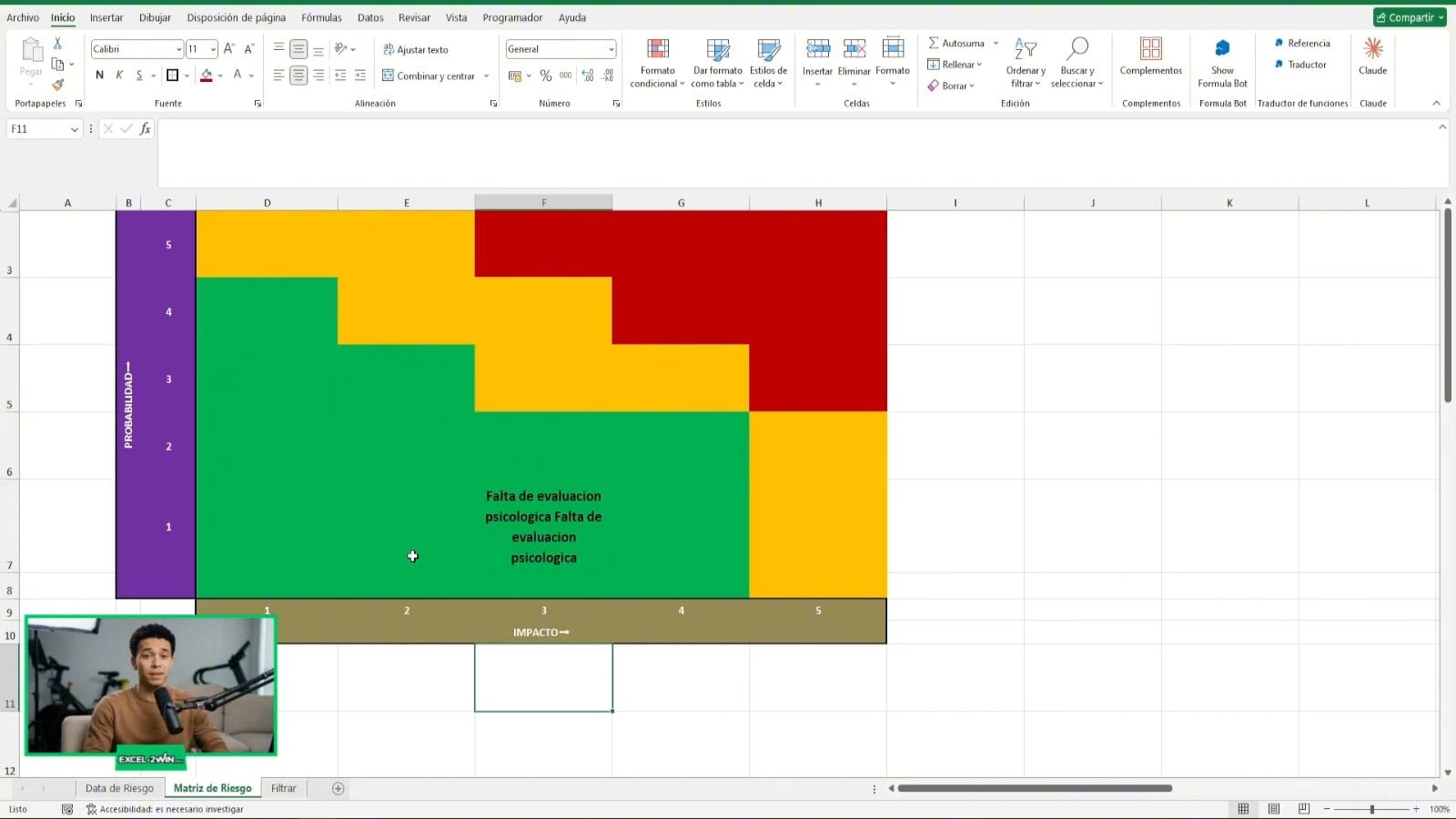 Cuadrícula de matriz de riesgo en Excel con semáforo de colores verde, amarillo y rojo