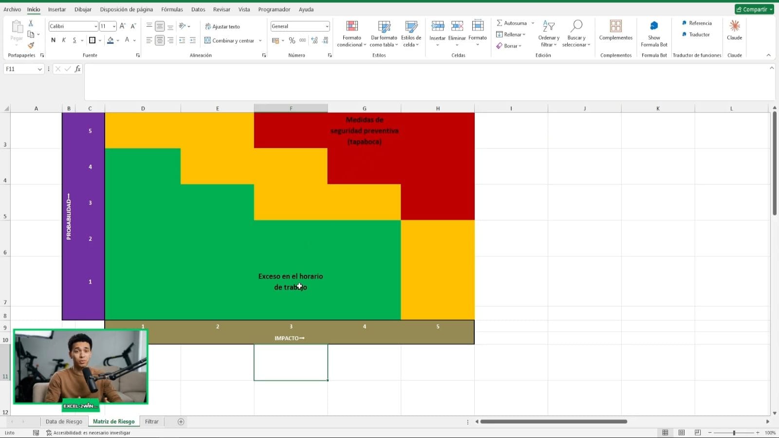 Mapa de riesgos terminado en Excel con el nombre de cada riesgo en su casilla
