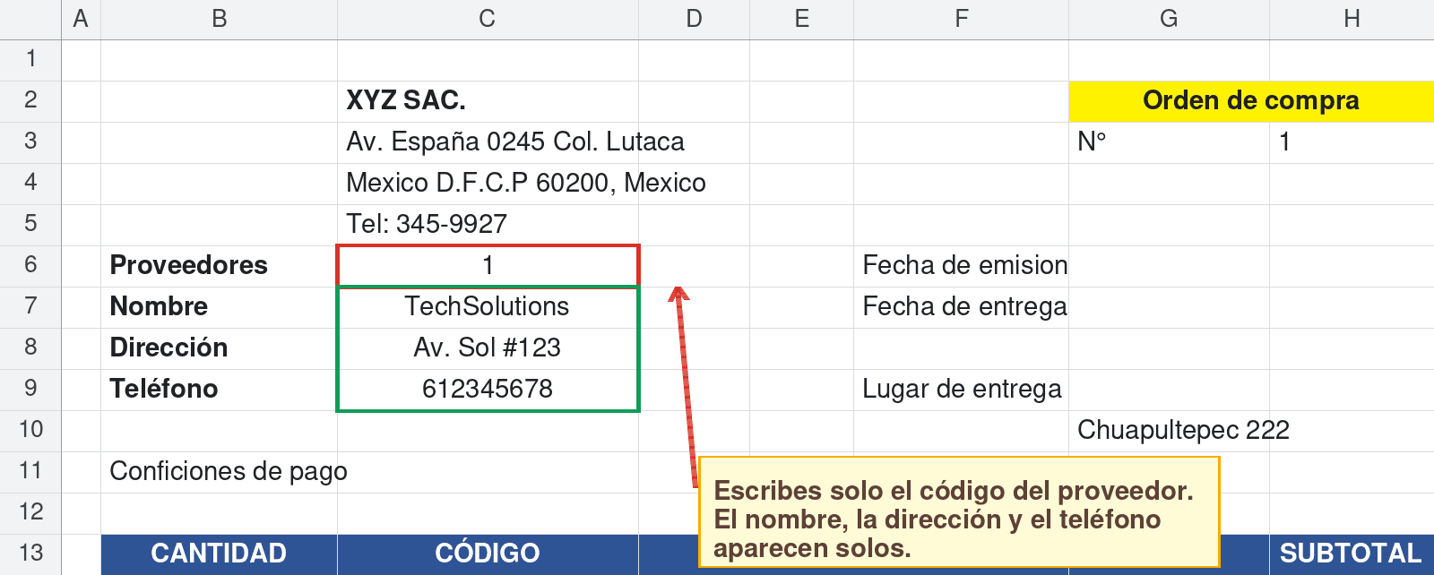 Orden de compra en Excel: al escribir el código del proveedor se rellenan nombre, dirección y teléfono