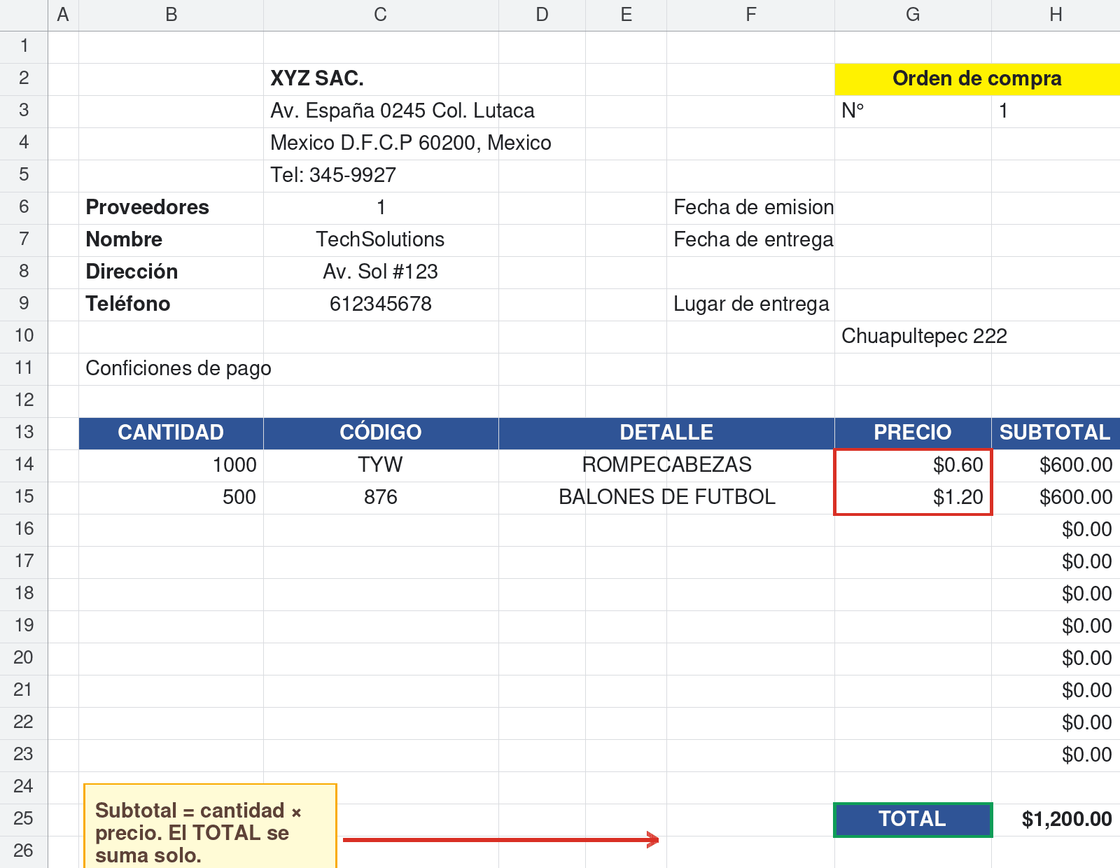 Detalle de productos de la orden de compra en Excel con subtotal por línea y total automático