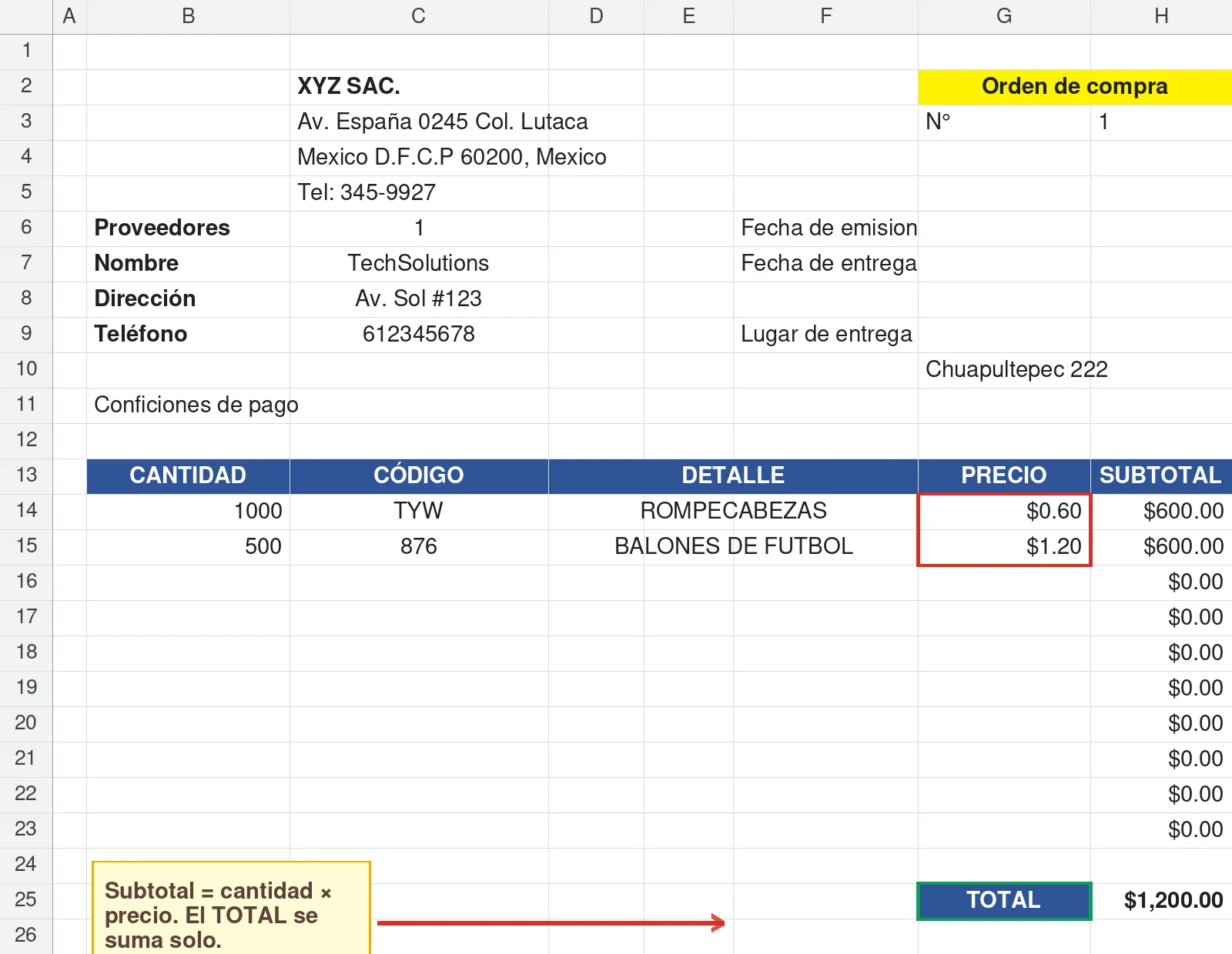 Detalle de productos de la orden de compra en Excel con subtotal por línea y total automático