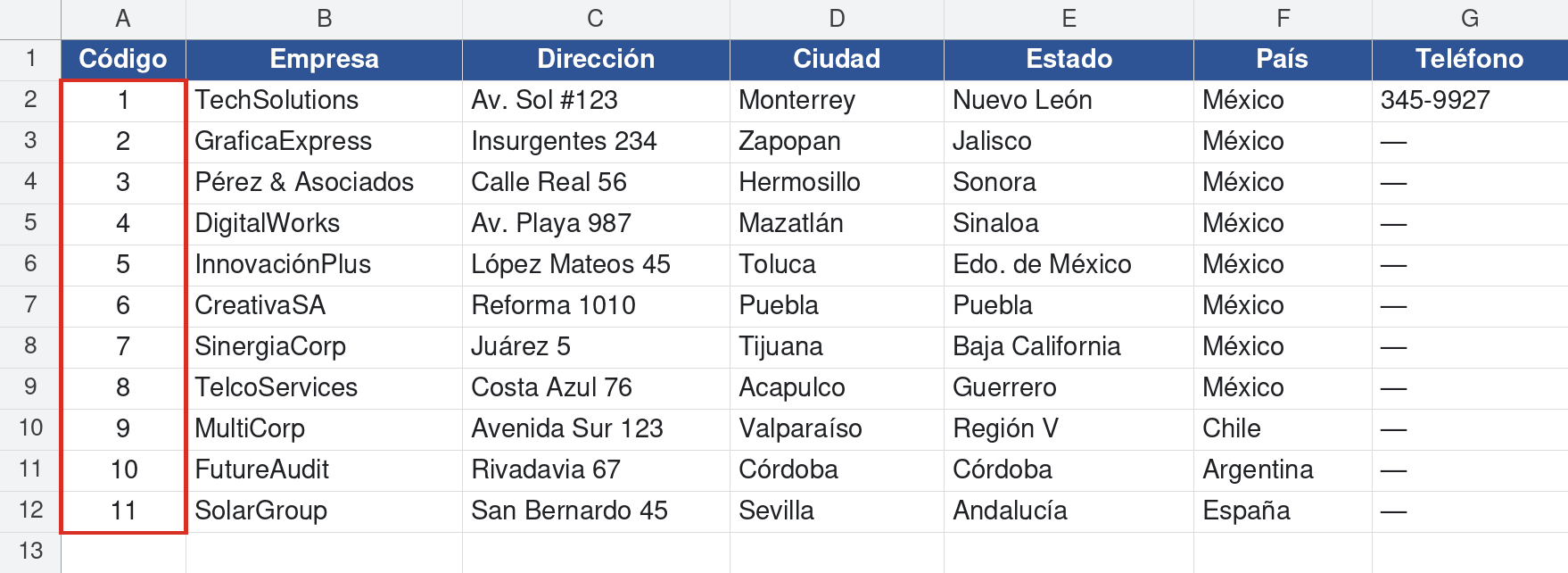 Hoja de proveedores de la plantilla de orden de compra en Excel con código, empresa, dirección y teléfono