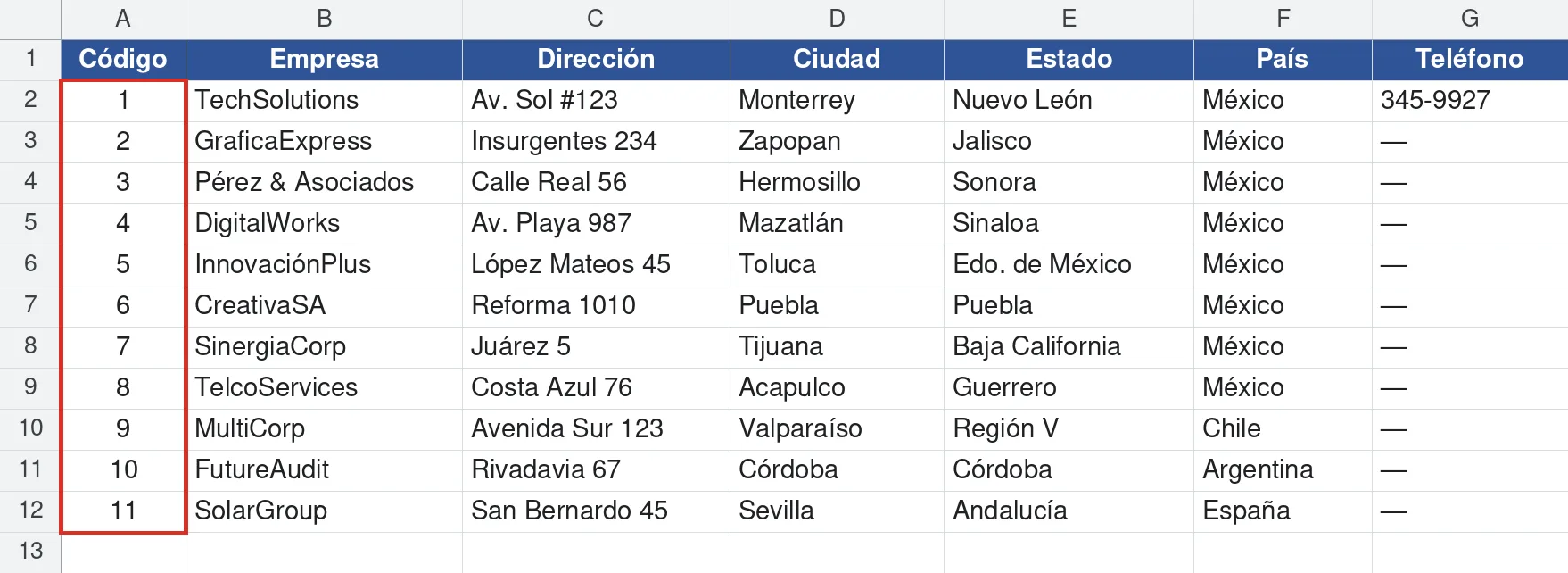 Hoja de proveedores de la plantilla de orden de compra en Excel con código, empresa, dirección y teléfono
