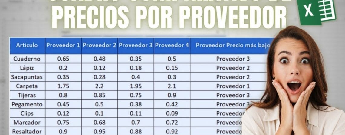 Cuadro comparativo de precios de tres proveedores en Excel con el precio mas bajo de cada fila marcado en color