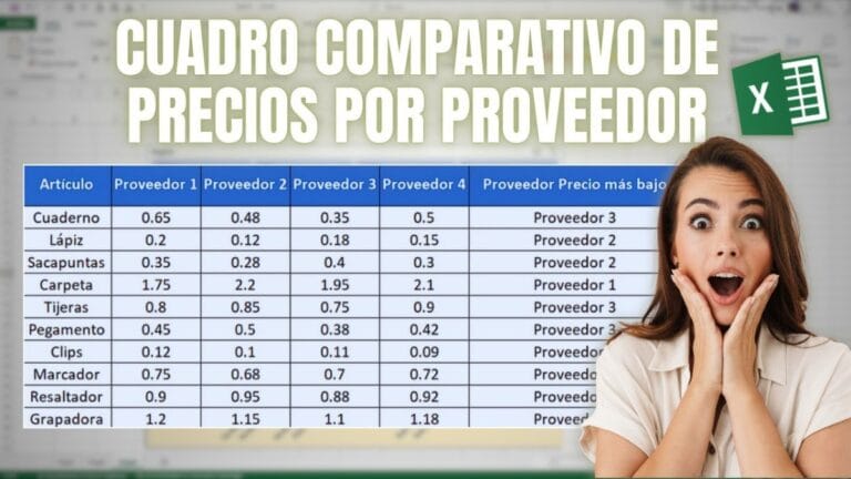 Cuadro comparativo de precios de tres proveedores en Excel con el más barato de cada fila marcado