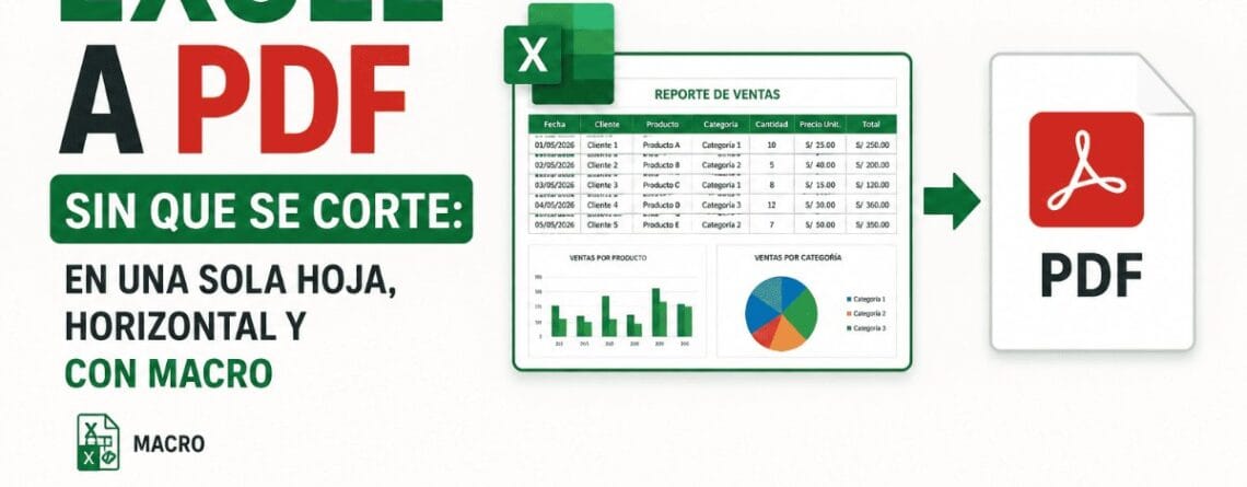 Reporte de ventas en Excel exportado a PDF en una sola hoja horizontal, sin cortes, con macro