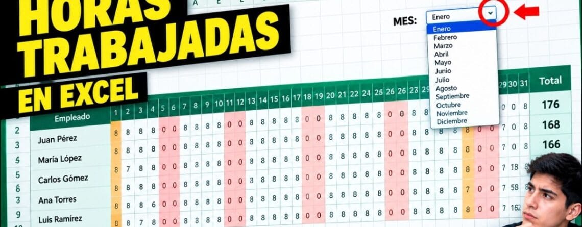 Dashboard de control de horas trabajadas en Excel con horas por empleado, promedio, ausencias y descansos