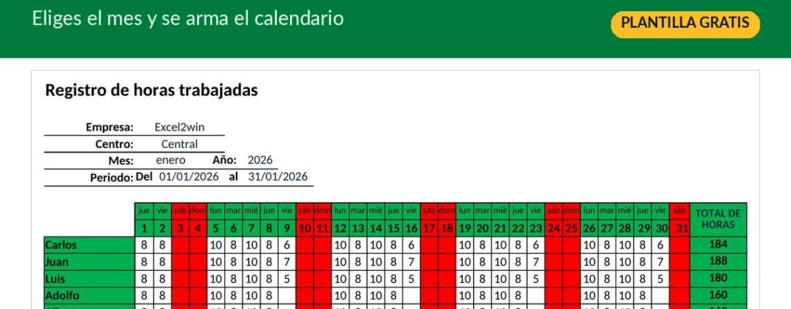 Plantilla de horas trabajadas en Excel gratis con registro mensual por trabajador