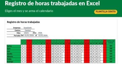 Plantilla de horas trabajadas en Excel gratis con registro mensual por trabajador