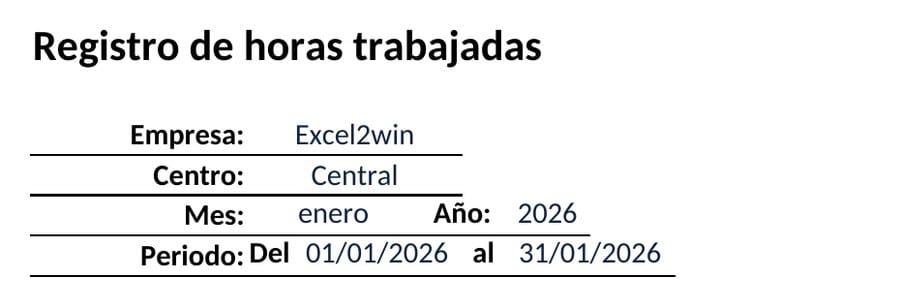 Cabecera del registro de horas trabajadas en Excel con empresa, centro, mes, año y periodo calculado