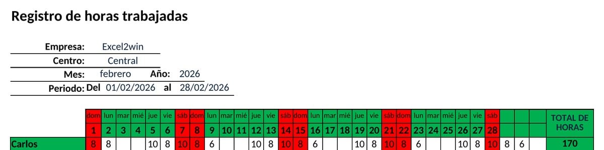 Registro de horas en Excel cambiado a febrero con las horas de enero todavía escritas, que caen en fines de semana y en días que febrero no tiene